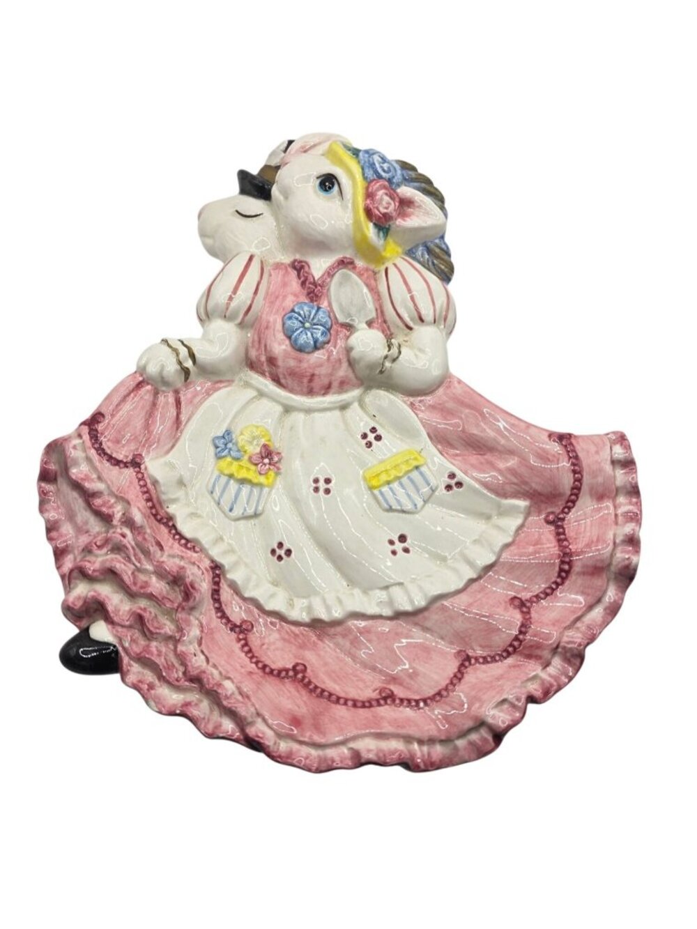Ceramic rabbit trinket dish plate Omnibus Fitz And Floyd 1996 Pink White easter